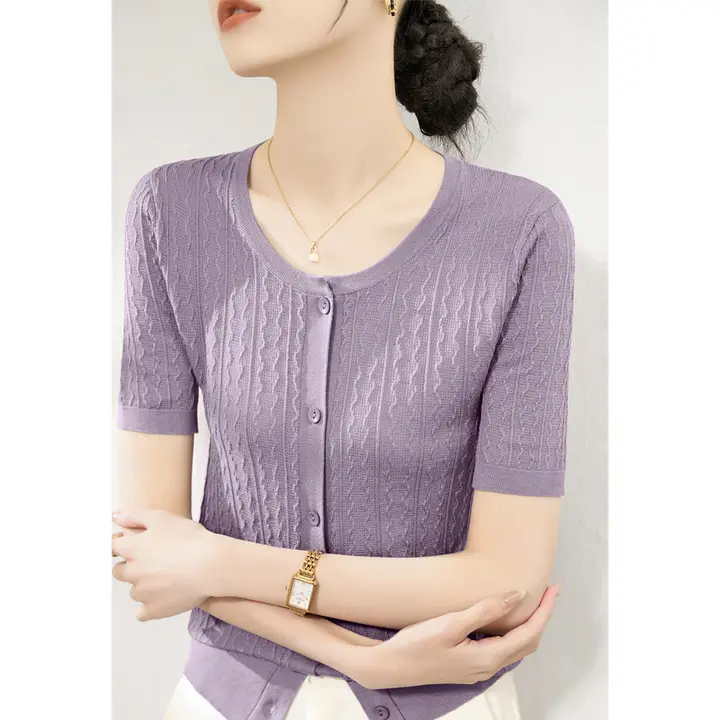 薄手の低めの首元が特徴の夏用ワイドスリーブニットカーディガン【通気性あり・スタイリッシュ・女性用】