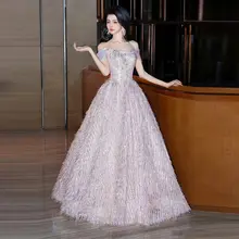 オフショルダーのエレガントなロングドレス【パーティー用・気品あるデザイン・演出にも最適】