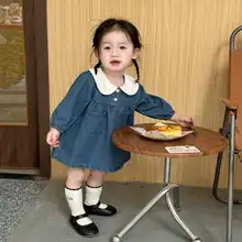 デニムワンピース キッズ ガールズ 長袖 ピーターパンカラー ゆったり 肌触り良い かわいい おしゃれ 秋物