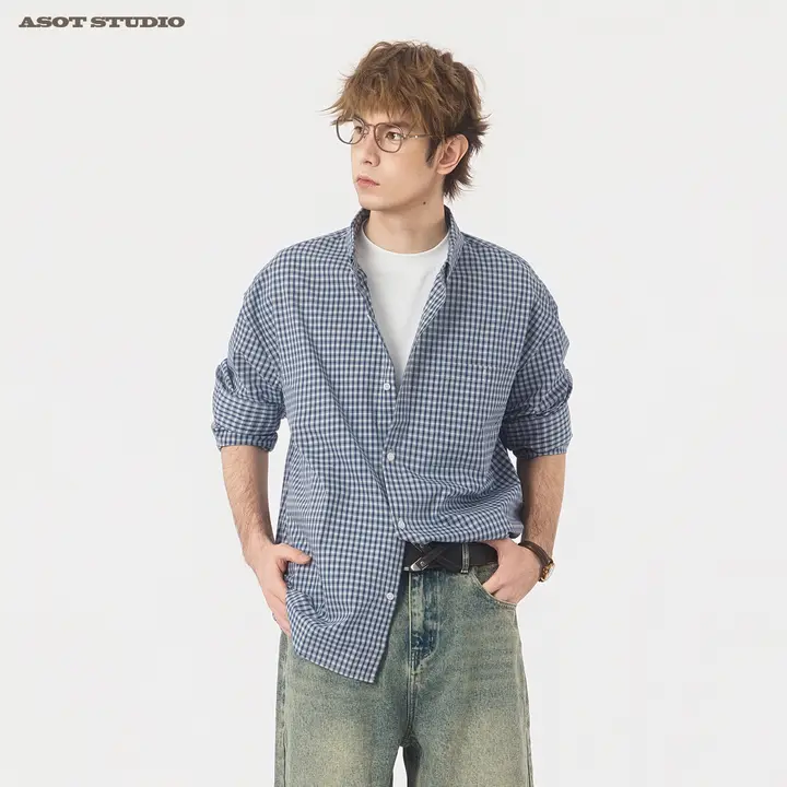 ヴィンテージ風 青いチェックシャツ【コットン・長袖・フィット】