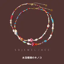 カラフルドットデザインのきのこ型ガラスネックレス【パールビーズ・個性的な鎖骨チェーン】