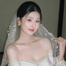 華やかな花と真珠のフリンジ付きベールヘアアクセサリー【新郎新婦用・フォトプロップス・高級感】