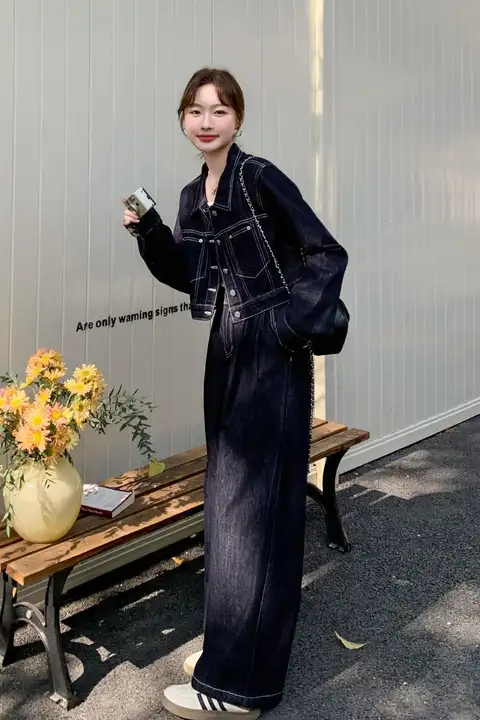 デニム 2点セット レディース テーラード ショートジャケット ワイドパンツ ヴィンテージ 韓流 秋