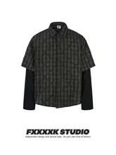 アメリカンレトロデザイン！立体格子の襟付き長袖シャツ【カジュアル・ドレープデザイン】（セットアップ対応）