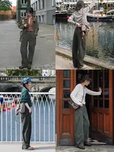 ユニークなデザインのワイドデニムパンツ【レトロ風・工装スタイル・女性用】