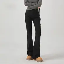 高腰ストレッチデニムパンツ【ブラック・フレアデザイン・小柄向け・ハイウエスト】（セットアップ対応）