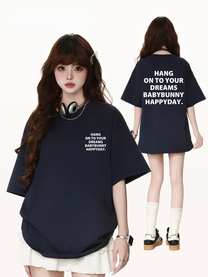 小さなウサギのプリント付きアメリカンスタイルTシャツ【半袖・ルーズフィット・女性用】