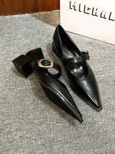 レディース 春秋用 ポインテッドトゥ ミドルヒール マリージ ェーンシューズ【ソフトレザー・ブラック・カジュアルデザイン】