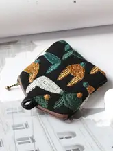 ミニポーチ イヤホンケース ハンドメイド 刺繍 きつね 布製 ワイヤレスイヤホンカバー 小銭入れ ストラップ おしゃれ