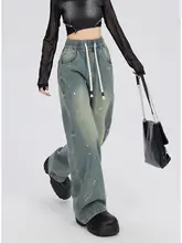 cuwu ブランド スプラッターデザインストレートデニムパンツ【ウエストゴム・ブルー・ワイドレッグ】