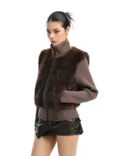 デザインニットとエコファーのスタンドカラー暖かショートコート【女性用・カジュアル】