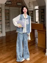 新中式 蝶刺繍デニムベスト【レースシャツ・ワイドパンツ・三点コーデ】（セットアップ対応）