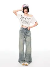 アメリカンレトロ波浪模様の洗い加工ジーンズ【ユニセックス・フィッ ト・ストレートパンツ】（セットアップ対応）