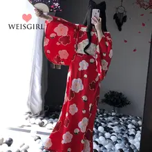 日本風桜柄ロング着物【束腰・大紅色・ゆったりしたデザイン・舞台用】