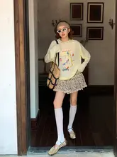 黄色印花デザインの長袖Tシャツ【カジュアル・短めスカートパンツ・夏用】（セットアップ対応）