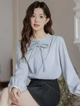 木耳飾り付きリボン長袖シャツ【ゆったりとしたシルエット・アカデミックスタイル】