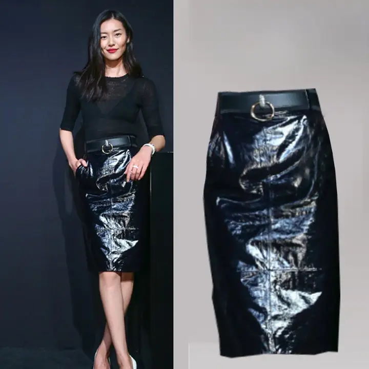 高腰デザインのPUレザー半身スカート【スタイリッシュ・ミドル丈】