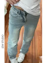 レトロな浅青色のハイウエストスリムストレートデニムパンツ【春用・スリムフィット・フルレングス】