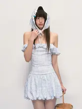 ブルーグリッドデザインのオフショルダーワンピース【花苞スタイル・ウエストリボン付き】