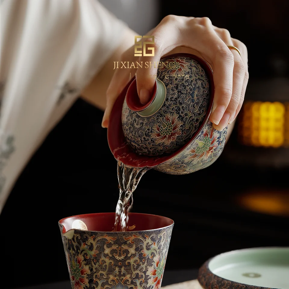 高級中式茶碗【掐絲銀エナメル彩・三才ガイワン・蓋付き】