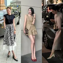 エナメル仕上げのスクエアバックル付きヒールパンプス【斜めヒール・通勤用・深めの口元】