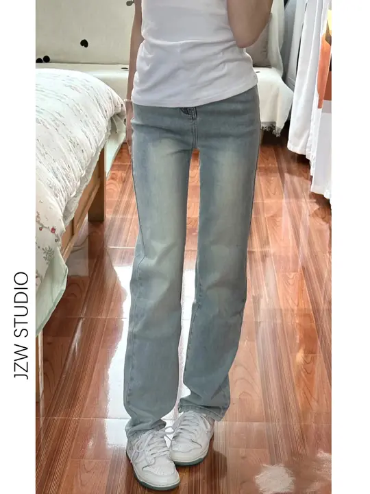 レトロな浅青色のハイウエストスリムストレートデニムパンツ【春用・スリムフィット・フルレングス】