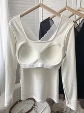 方形ネックリブコットン長袖インナートップス【バストパッド付き・秋用】