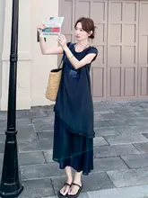 深青色メッシュ切替ワンピース【フレンチスタイル・エレガント・Aライン】