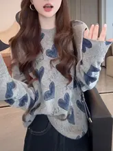 ハートプリントのラウンドネック長袖ニットセーター【カジュアルでしたスタイル】