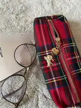 チェック柄のかわいい小犬デザインペンポーチ【綿製・文房具収納・化粧小物用】