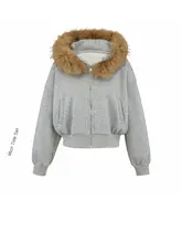 フード付き取り外し可能なファーの裏起毛パーカー【女性用・ショート丈・ジッパータイプ】