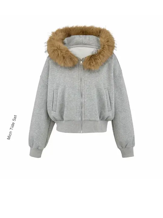 フード付き取り外し可能なファーの裏起毛パーカー【女性用・ショート丈・ジッパータイプ】