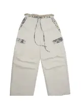 白色パッチワーク付きフリルデザインのウエストドローストリングエラスティックワイドパンツ【女性用・長pants】（セットアップ対応）