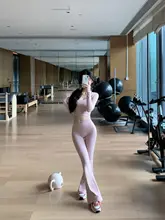 レースデザインのハイウエスト黒ヨガフレアパンツ【女性用・スタイルアップ・スポーツ】