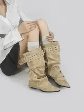 長膝丈の西部風ブーツ【金属ベルトアクセント・皺加工・女性用】
