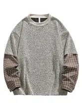 長袖Tシャツ メンズ フェイクレイヤード チェック柄 パッチワーク オーバーサイズ ヴィンテージ カジュアル 秋