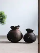 アート風 ブラックホワイト 陶製フラワーベース【ヴィンテージ仕上げ・インテリア装飾・ホテル用】