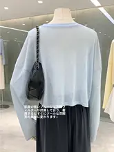 軽やかで通気性のあるアイスシルクコットンラウンドネック長袖トップス【フィット・UVカット】