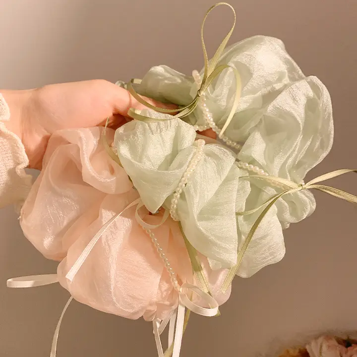 パール付きリボンデザインのネットヘアゴム【新中式・高級感・夏用】