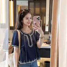 ボヘミアン風刺繍入り半袖トップス【大きいサイズ・ドールシャツ・スタイリッシュ】（セットアップ対応）