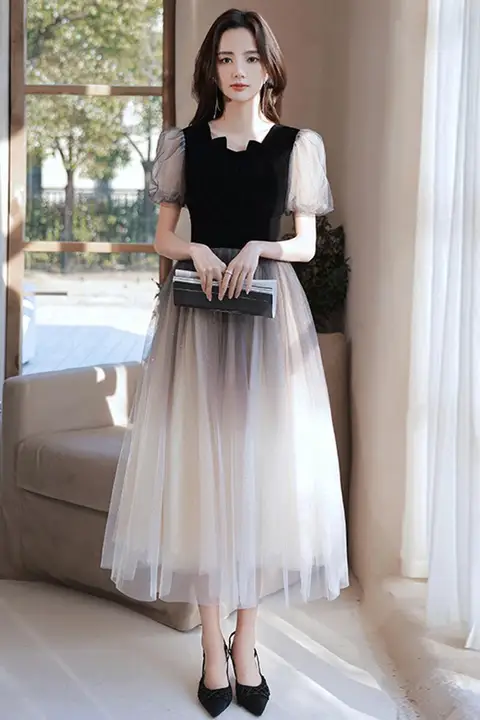 エレガントな長袖フレンチスタイルイブニングドレス【軽やかな高級感・冬用・成人礼・女性用】