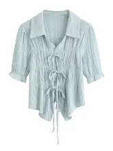 フランス風ヴィンテージデザインのバンド付きショートスリーブシャツ【女性用・夏用・個性的なデザイン】
