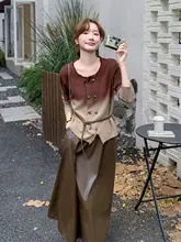 気品漂うグラデーショントップスとPUレザーハーフスカート【高級感・秋用】（セットアップ対応）