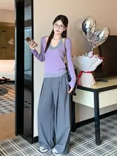 グレーのハイウエストワイドパンツ【女性用・秋用・フィット】（セットアップ対応）
