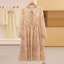 花柄ドロップショルダーセミフレアワンピース【リボン付き・ウエストゴム・秋用】