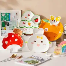 可愛いカートゥーンデザインの陶器製子供用分割皿【醤油皿付き・家庭用】