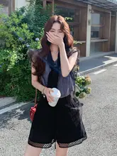 セットアップ 2点セット レディース トップス ショートパンツ 黒 チュール チェック柄 ツイード風 クール 韓流 夏