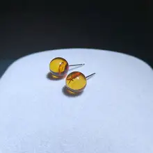 天然花琥珀のS925純銀使用ラウンドピアス【シンプルでクラシックなデザイン】