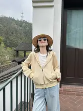 淡い黄色のワッフル生地パーカー【韓国風・ゆったり・カジュアル】