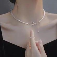 蝶のデザインの鎖骨ネックレス【淡水パール・シンプルで洗練されたアクセサリー】